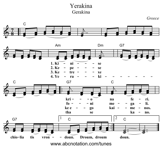 Yerakina - staff notation