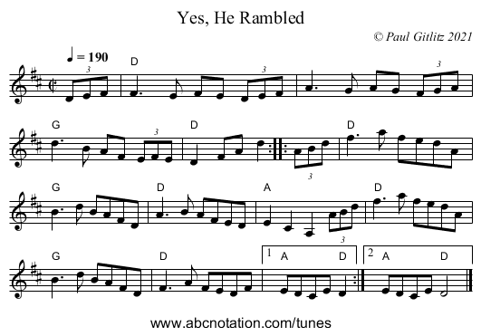 Yes, He Rambled - staff notation