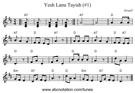 Yesh Lanu Tayish (#1) - staff notation