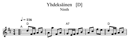 Yhdeks&auml;inen   [D] - staff notation