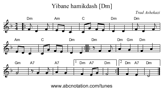 Yibane hamikdash [Dm] - staff notation