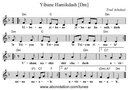 Yibane Hamikdash [Dm] - staff notation