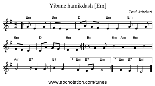 Yibane hamikdash [Em] - staff notation