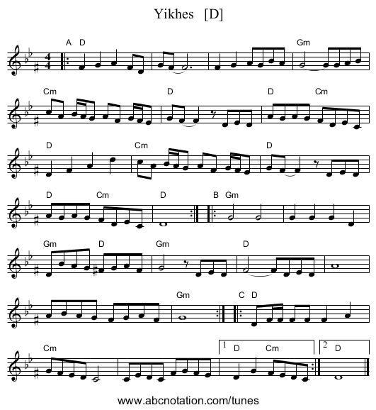 Yikhes   [D] - staff notation