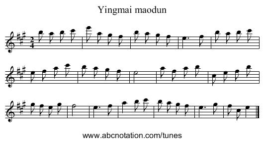 Yingmai maodun - staff notation
