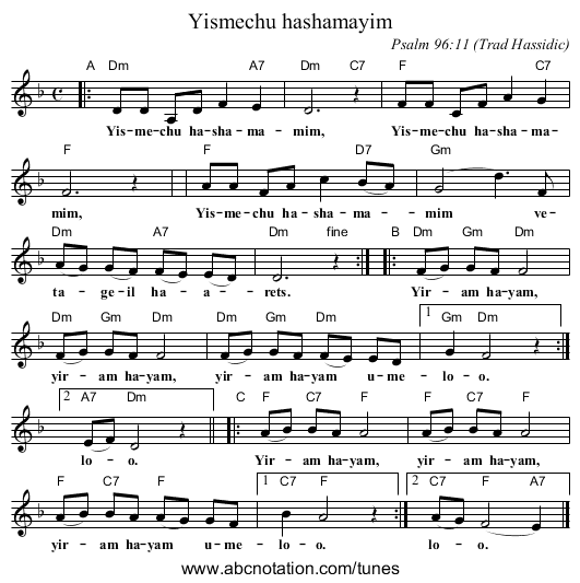 Yismechu hashamayim - staff notation