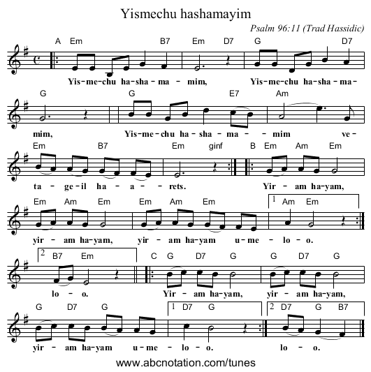 Yismechu hashamayim - staff notation
