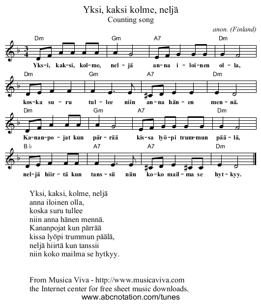 Yksi, kaksi kolme, nelj&auml; - staff notation