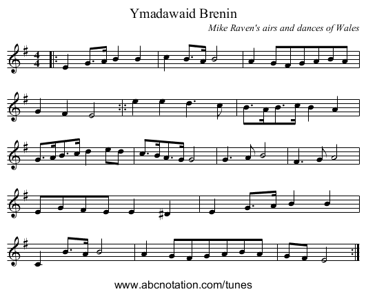 Ymadawaid Brenin - staff notation
