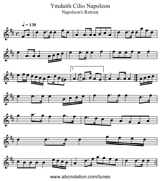 Ymdaith Cilio Napoleon - staff notation