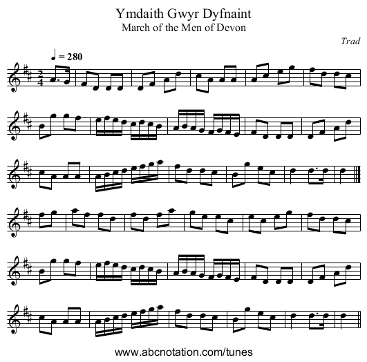 Ymdaith Gwyr Dyfnaint - staff notation