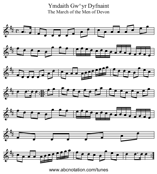 Ymdaith Gw&ycirc;r Dyfnaint - staff notation