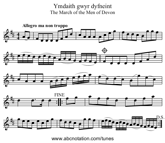 Ymdaith gwyr dyfneint - staff notation