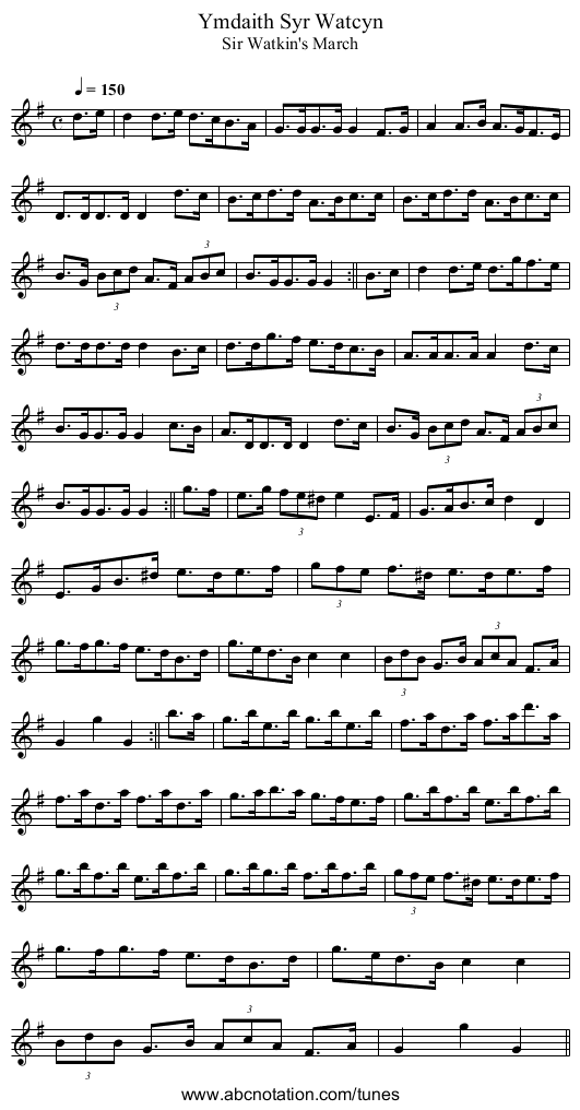 Ymdaith Syr Watcyn - staff notation