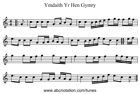 Ymdaith Yr Hen Gymry - staff notation