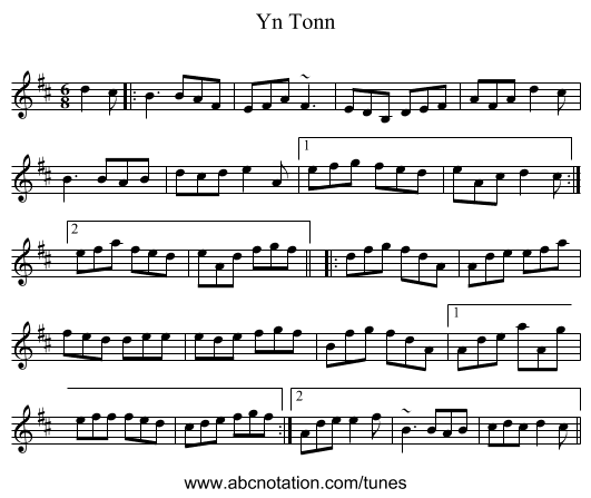 Yn Tonn - staff notation