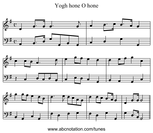 Yogh hone O hone - staff notation