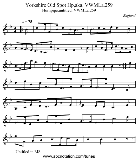 Yorkshire Old Spot Hp,aka. VWMLa.259 - staff notation