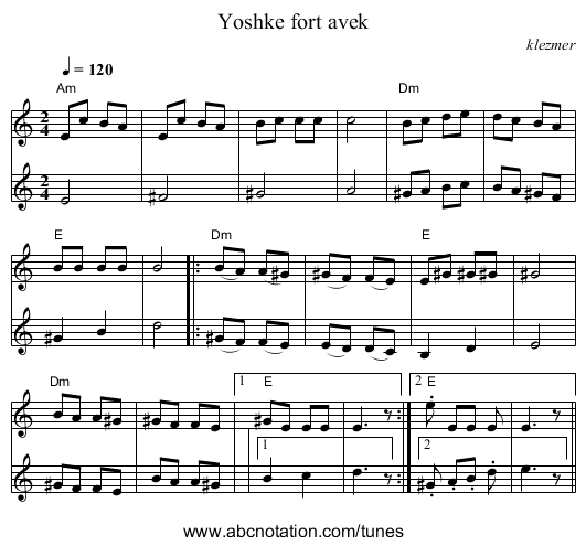 Yoshke fort avek - staff notation