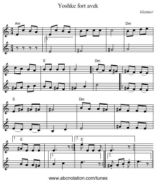 Yoshke fort avek - staff notation