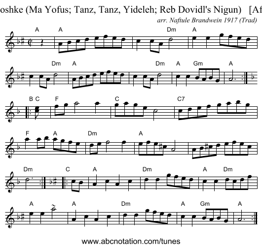 Yoshke (Ma Yofus; Tanz, Tanz, Yideleh; Reb Dovidl's Nigun)   [Afr] - staff notation