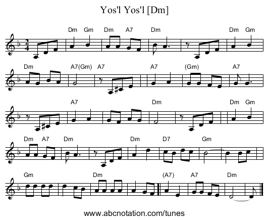 Yos'l Yos'l [Dm] - staff notation