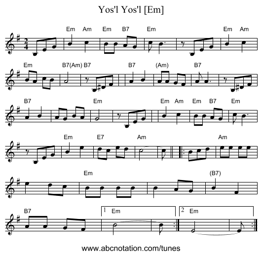 Yos'l Yos'l [Em] - staff notation
