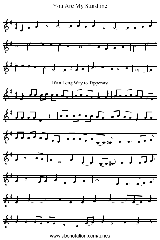 You Are My Sunshine - staff notation