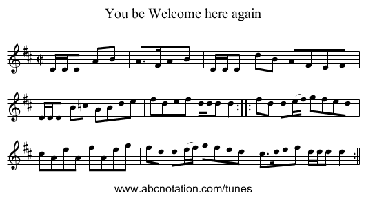 You be Welcome here again - staff notation
