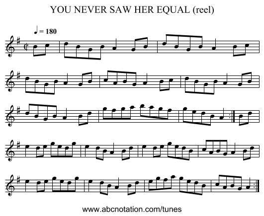 YOU NEVER SAW HER EQUAL (reel) - staff notation