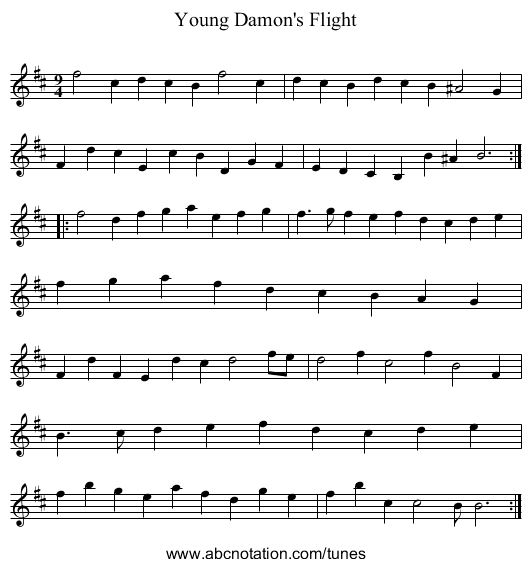 Young Damon's Flight - staff notation