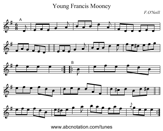 Young Francis Mooney - staff notation