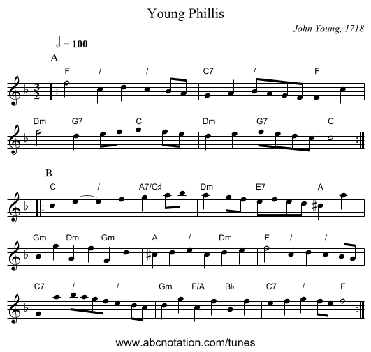 Young Phillis - staff notation