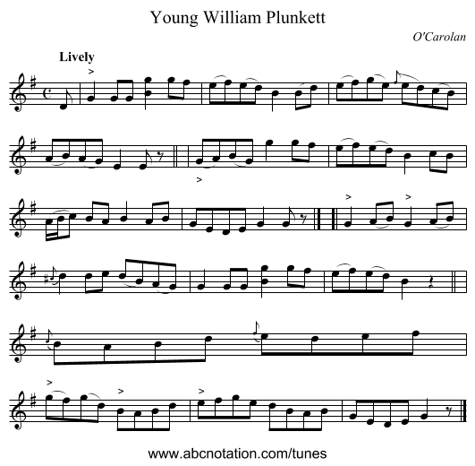 Young William Plunkett - staff notation