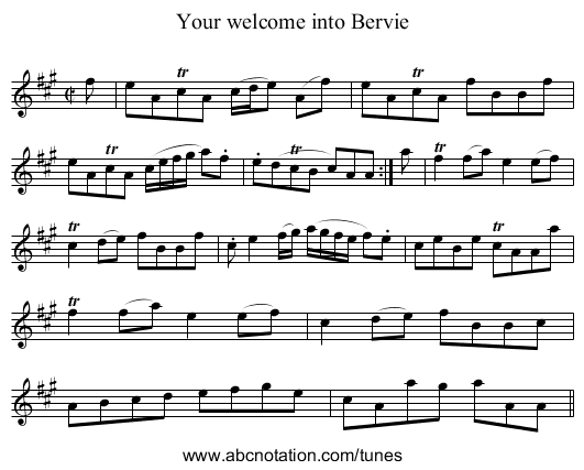 Your welcome into Bervie - staff notation