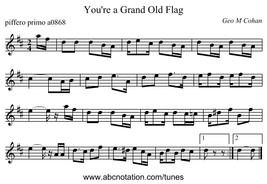 You're a Grand Old Flag - staff notation
