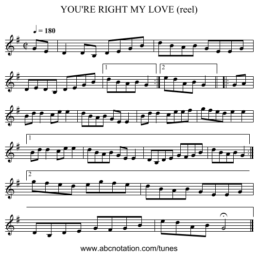 YOU'RE RIGHT MY LOVE (reel) - staff notation