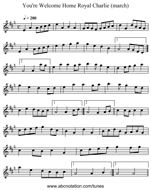 You're Welcome Home Royal Charlie (march) - staff notation