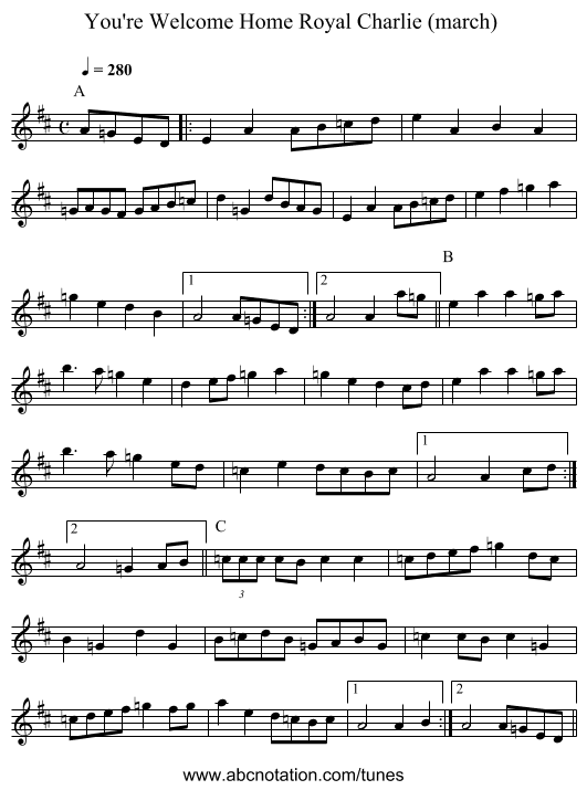 You're Welcome Home Royal Charlie (march)  - staff notation