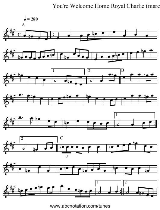 You're Welcome Home Royal Charlie (march)  - staff notation