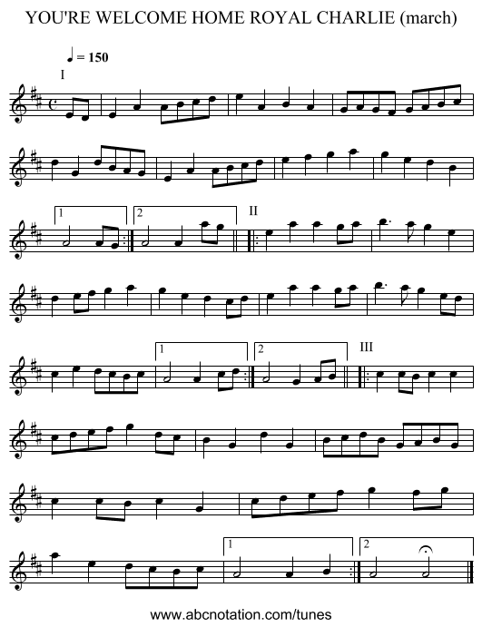 YOU'RE WELCOME HOME ROYAL CHARLIE (march) - staff notation