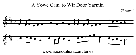 Yowe Cam' to Wir Door Yarmin', A - staff notation