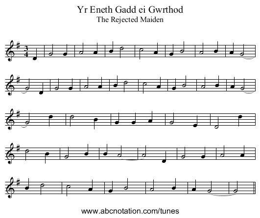 Yr Eneth Gadd ei Gwrthod - staff notation