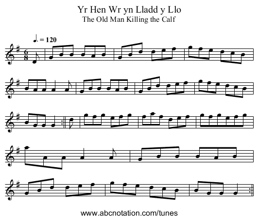 Yr Hen Wr yn Lladd y Llo - staff notation