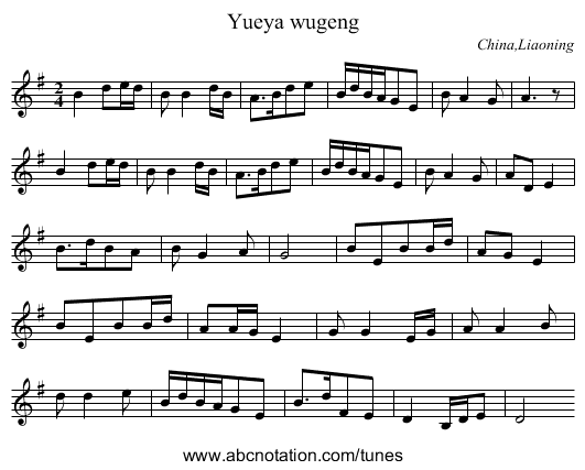 Yueya wugeng - staff notation