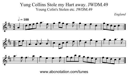 Yung Collins Stole my Hart away. JWDM.49 - staff notation