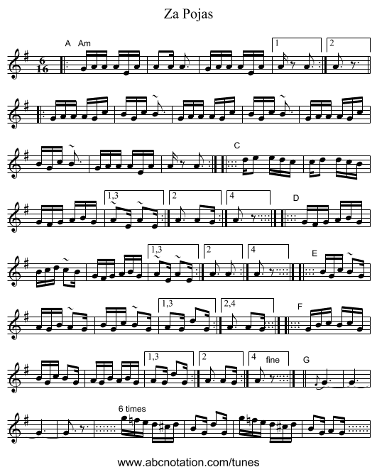 Za Pojas - staff notation