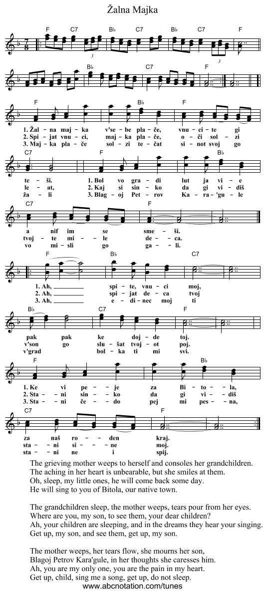 &Zcaron;alna Majka - staff notation