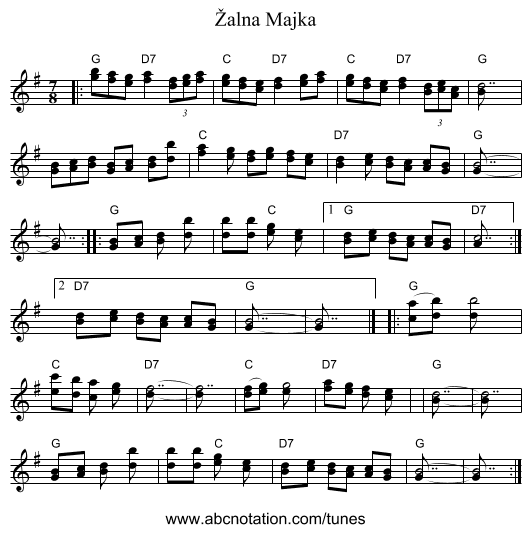 &Zcaron;alna Majka - staff notation