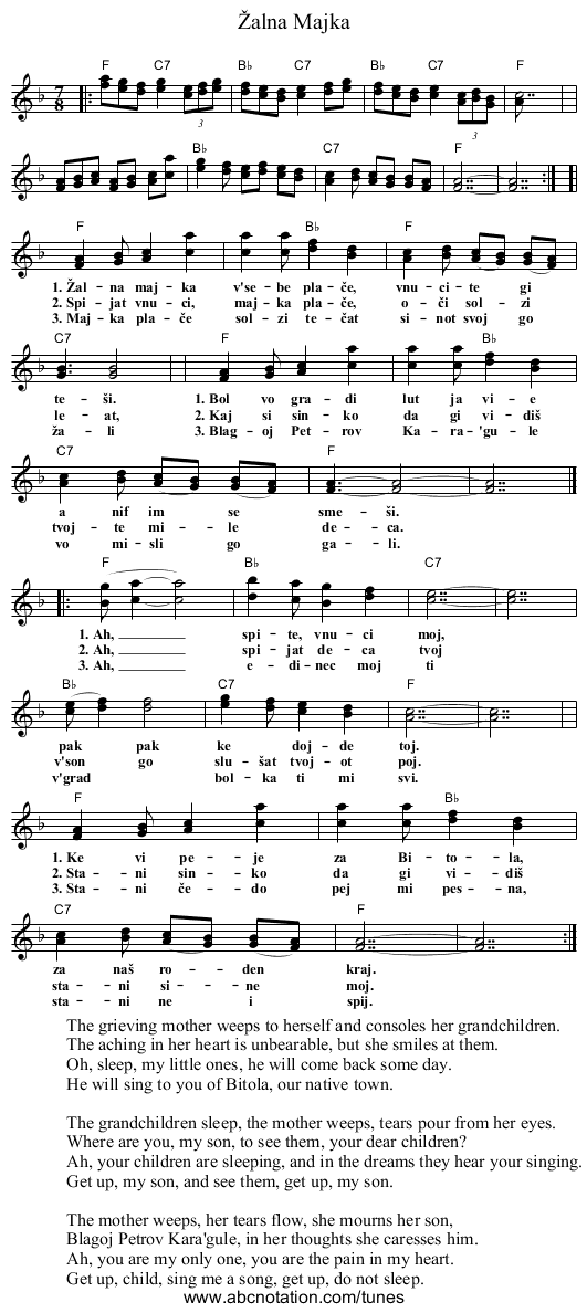 Žalna Majka - staff notation